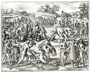 Intian markkinat Cartagenassa, Kolumbiassa, "Americae Tertia Pars V" tekijältä Theodore de Bry